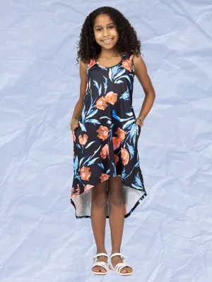 24sevenkid Girls Black Floral High Low Sleeveless Pocket Dress