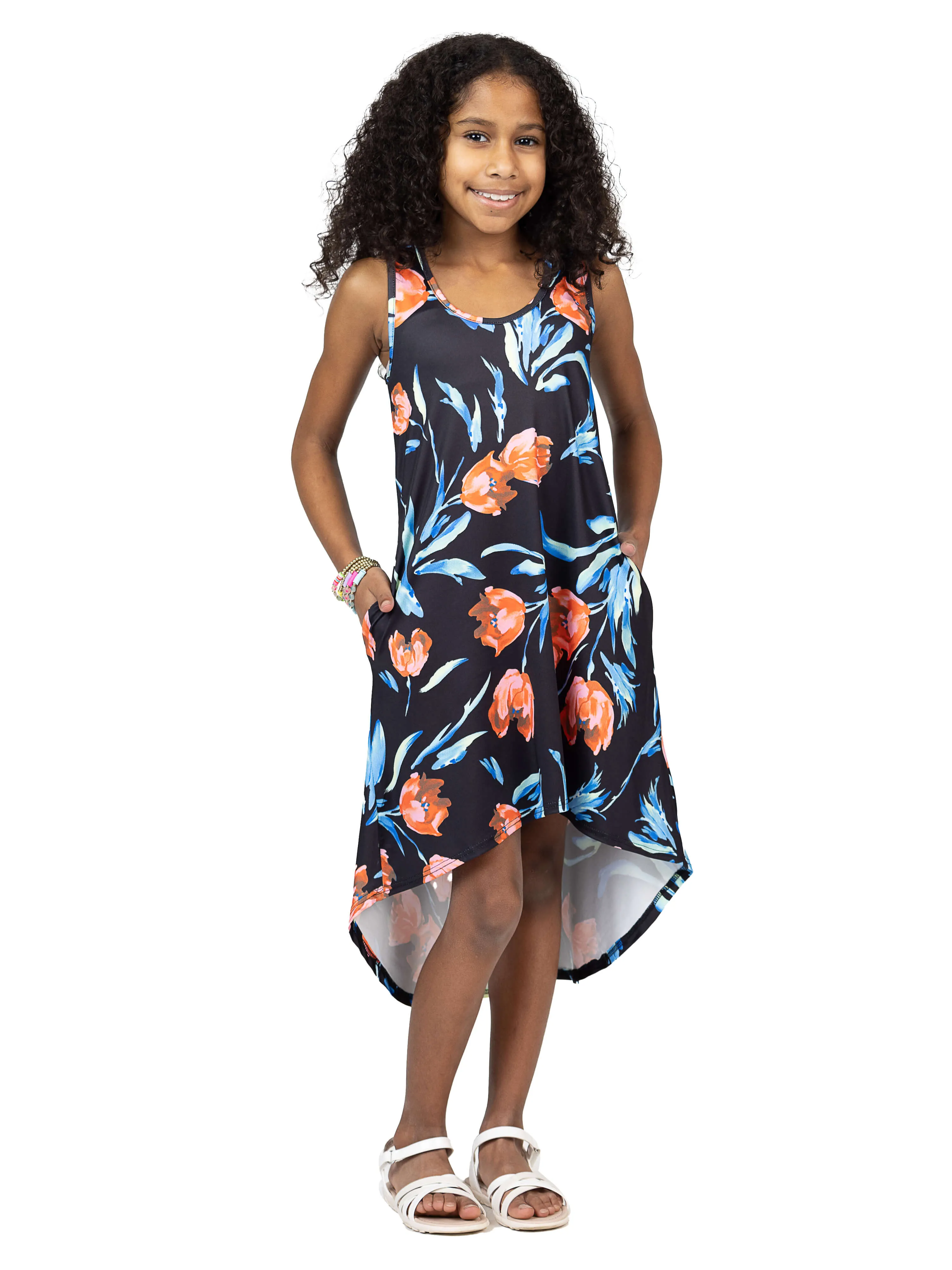 24sevenkid Girls Black Floral High Low Sleeveless Pocket Dress