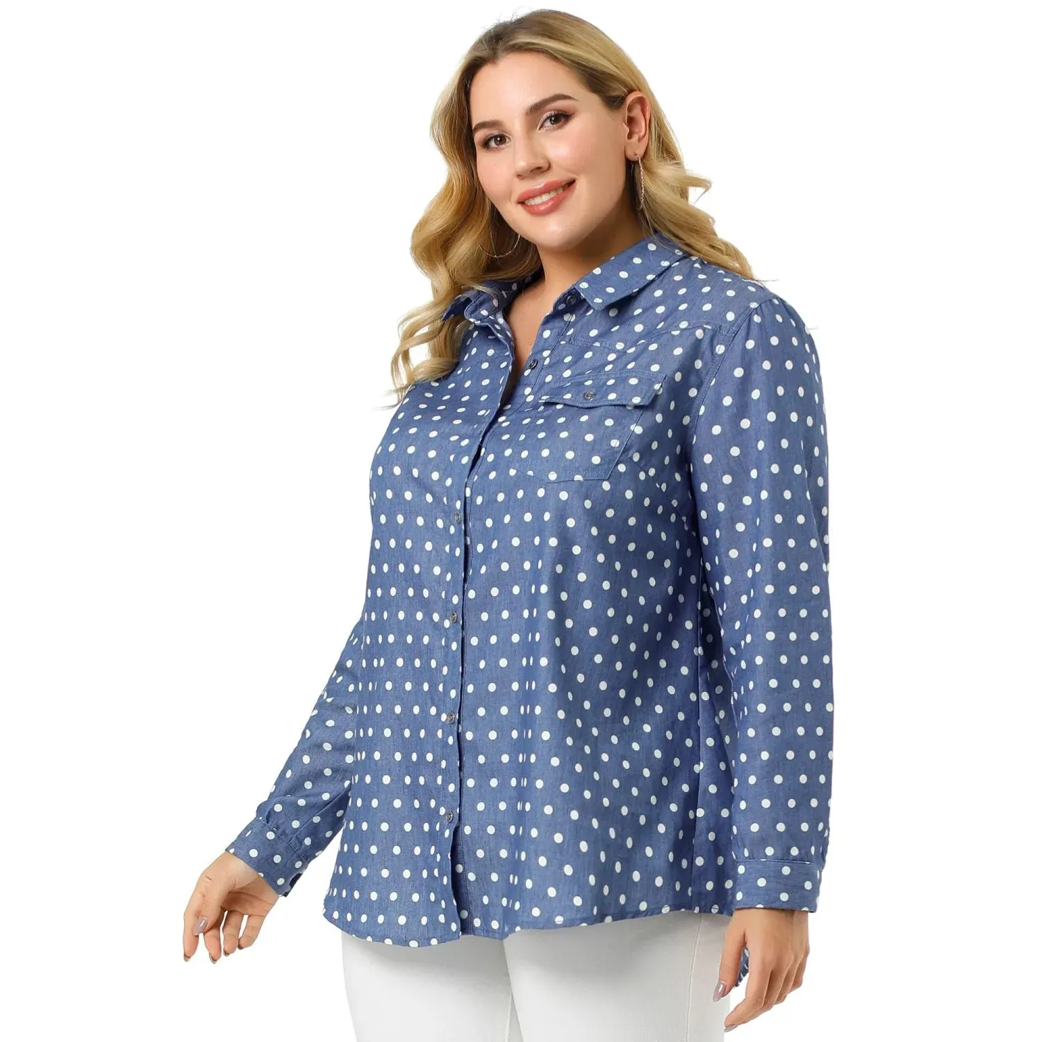 Agnes Orinda Women's Spring Plus Size Long Sleeve Button Down Denim Shirt , light blue