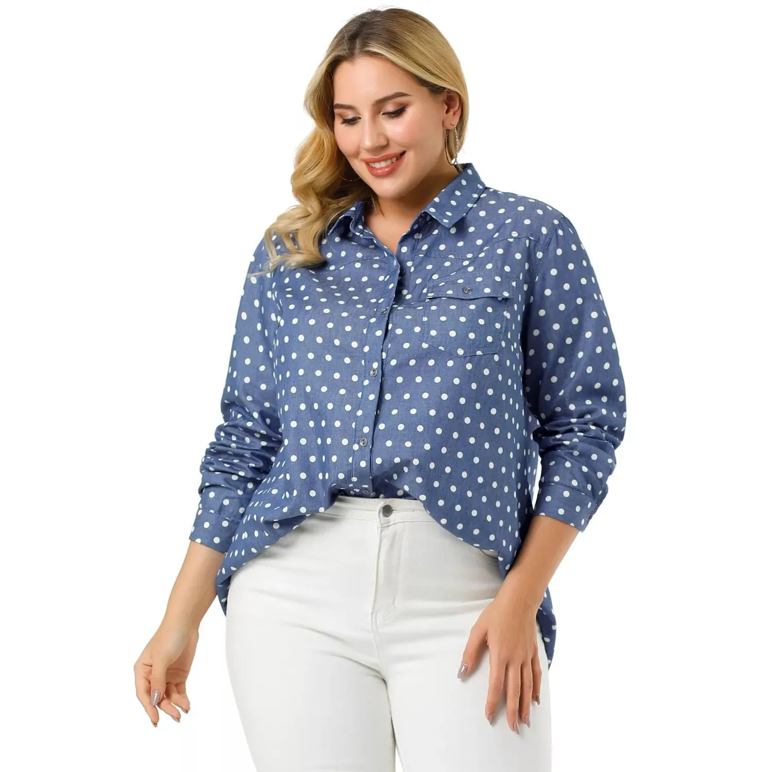 Agnes Orinda Women's Spring Plus Size Long Sleeve Button Down Denim Shirt , light blue