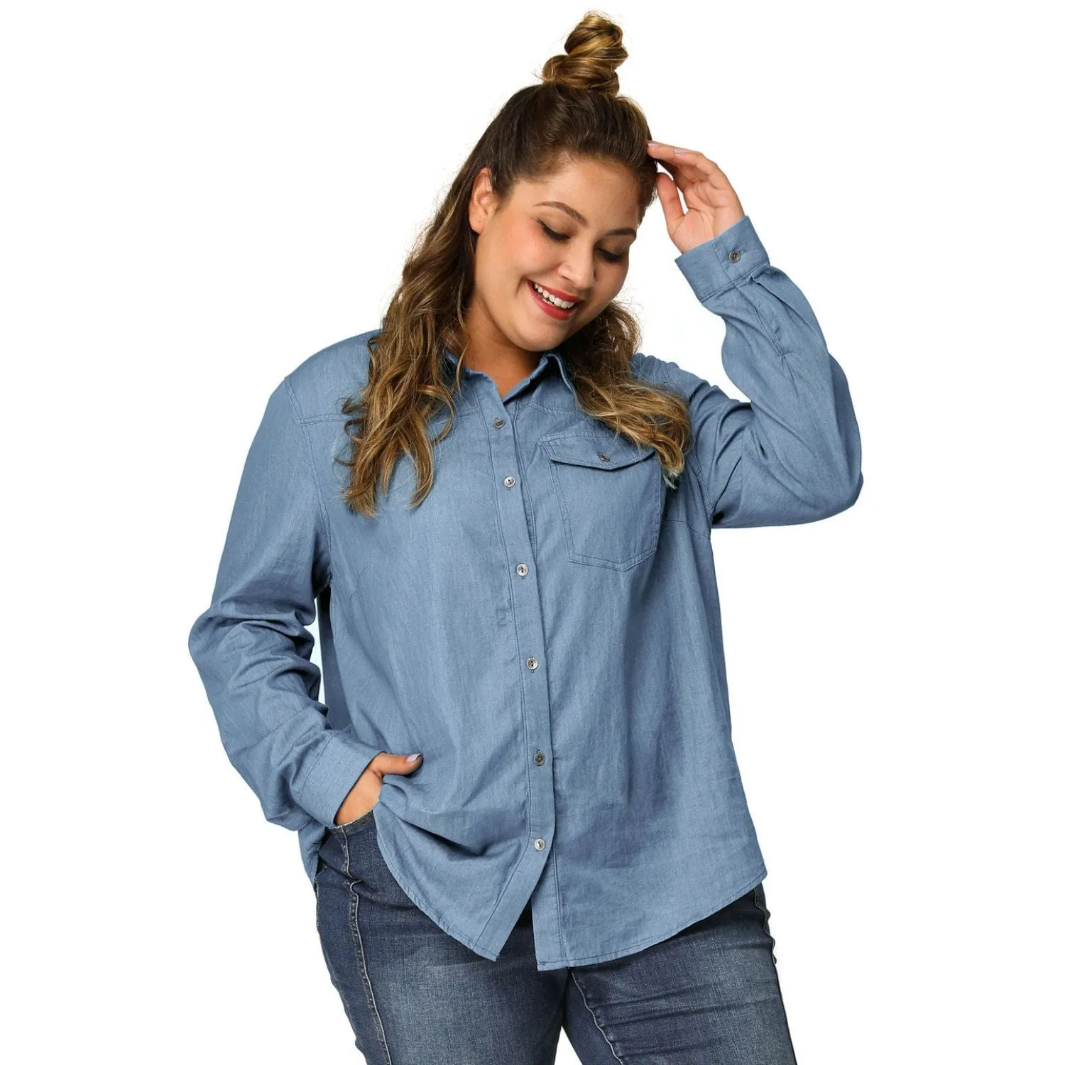 Agnes Orinda Women's Spring Plus Size Long Sleeve Button Down Denim Shirt , light blue