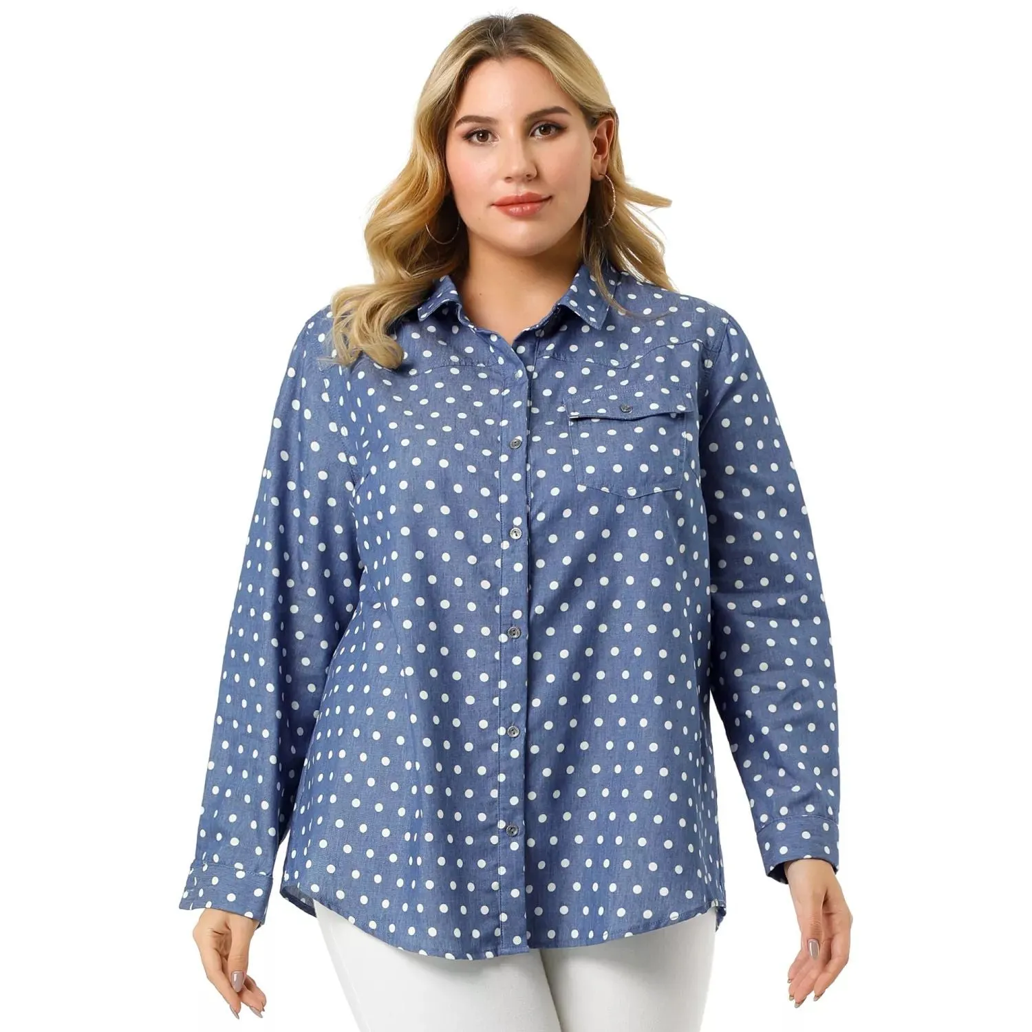 Agnes Orinda Women's Spring Plus Size Long Sleeve Button Down Denim Shirt , light blue