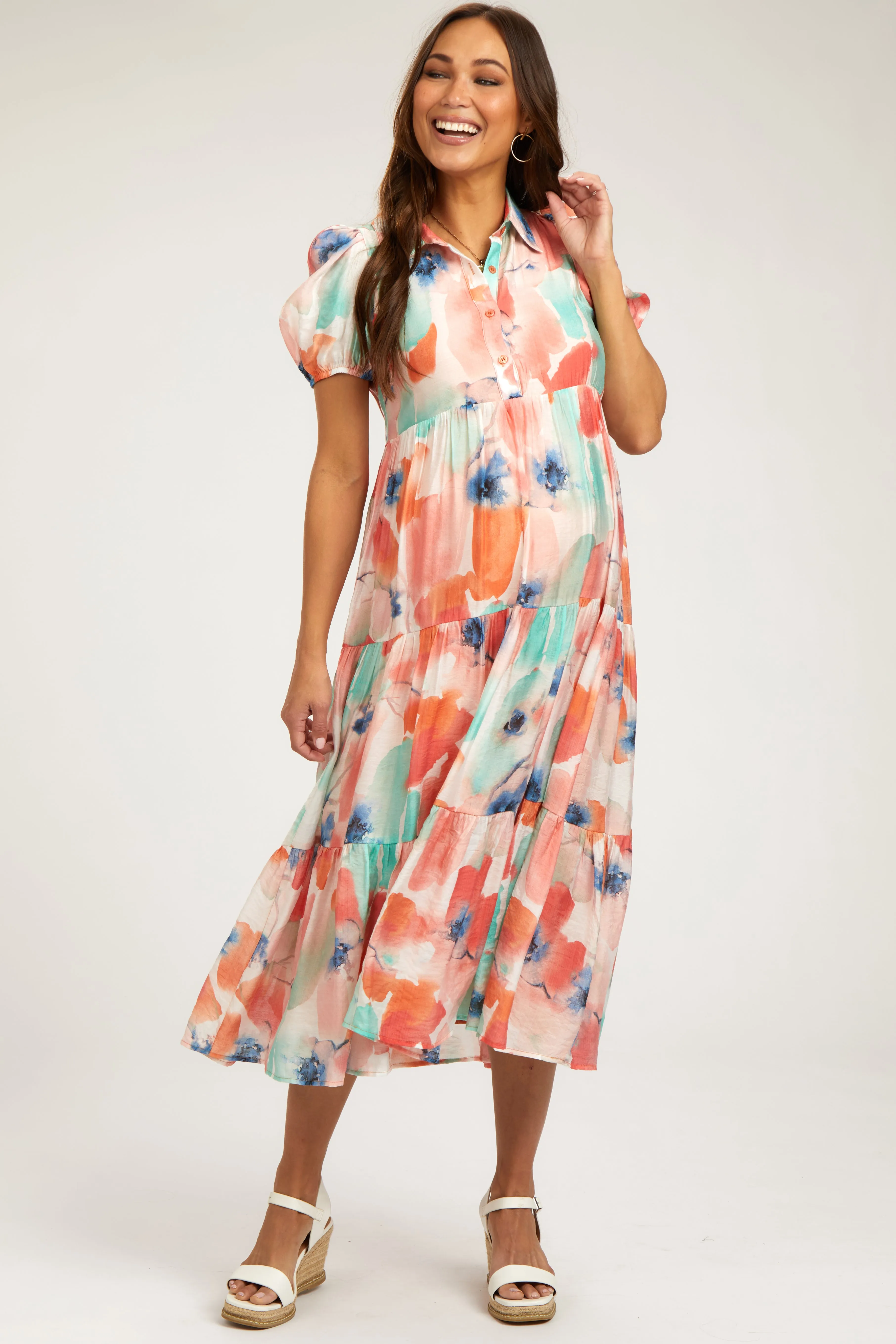 Aqua Floral Button Front Short Sleeve Tiered Maternity Midi Dress