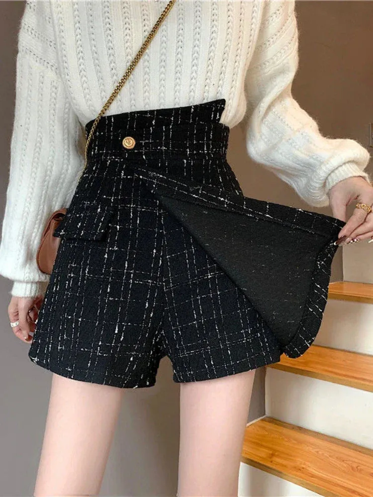 Autumn 2024 Classic Woolen Plaid Mini Shorts High Waist Skirt Shorts