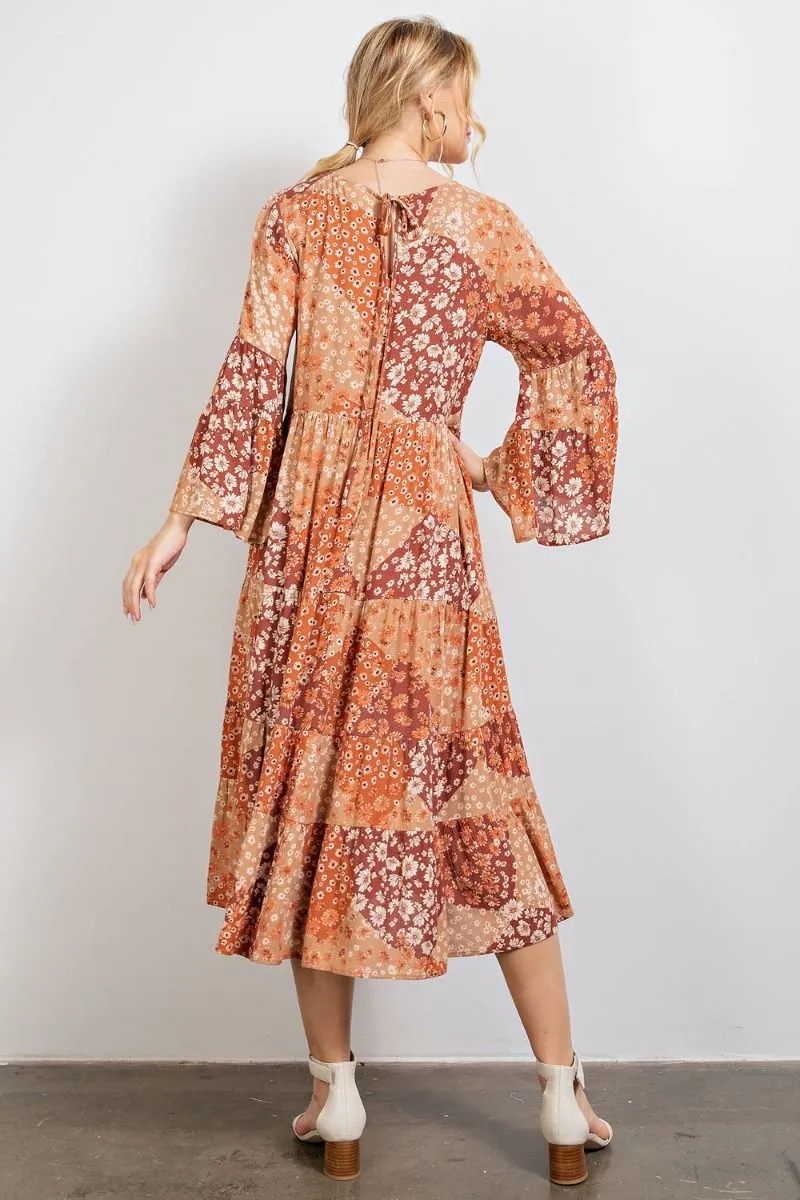 Bell Sleeve Floral Patch Printed Boho Midi Dress