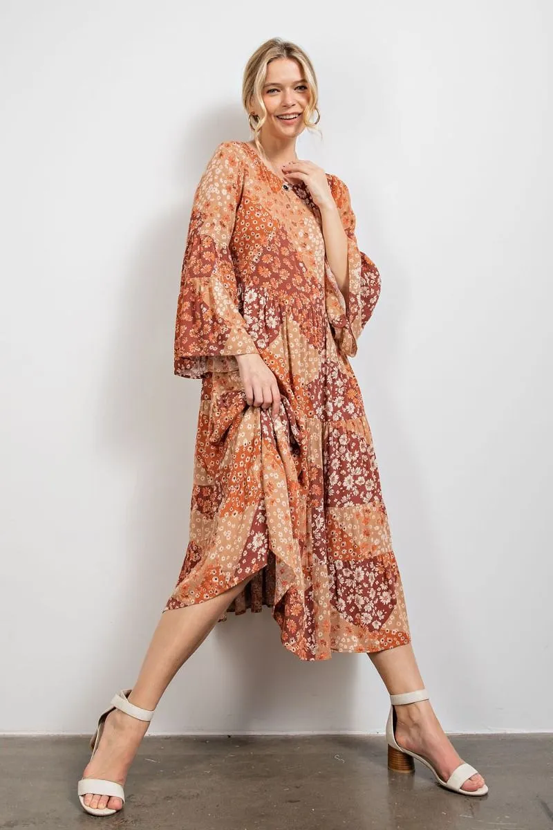 Bell Sleeve Floral Patch Printed Boho Midi Dress