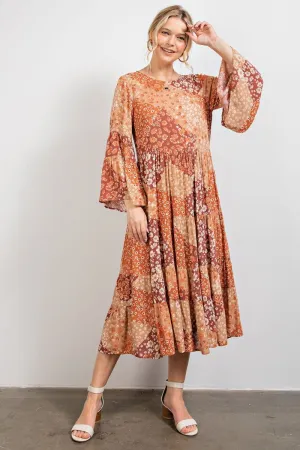 Bell Sleeve Floral Patch Printed Boho Midi Dress