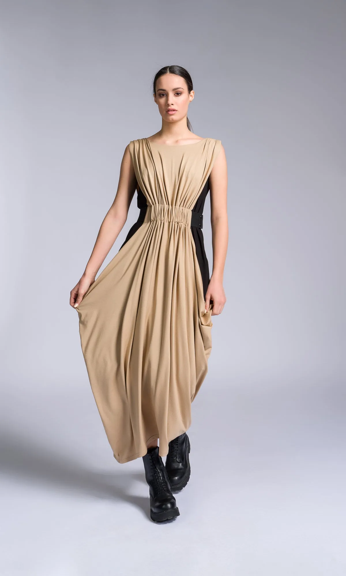 Bicolour Midi Dress with Gathered Waist