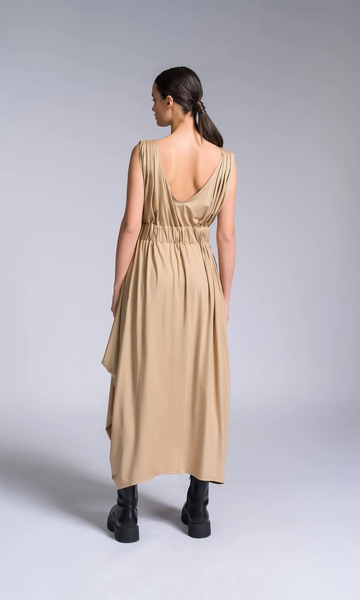 Bicolour Midi Dress with Gathered Waist