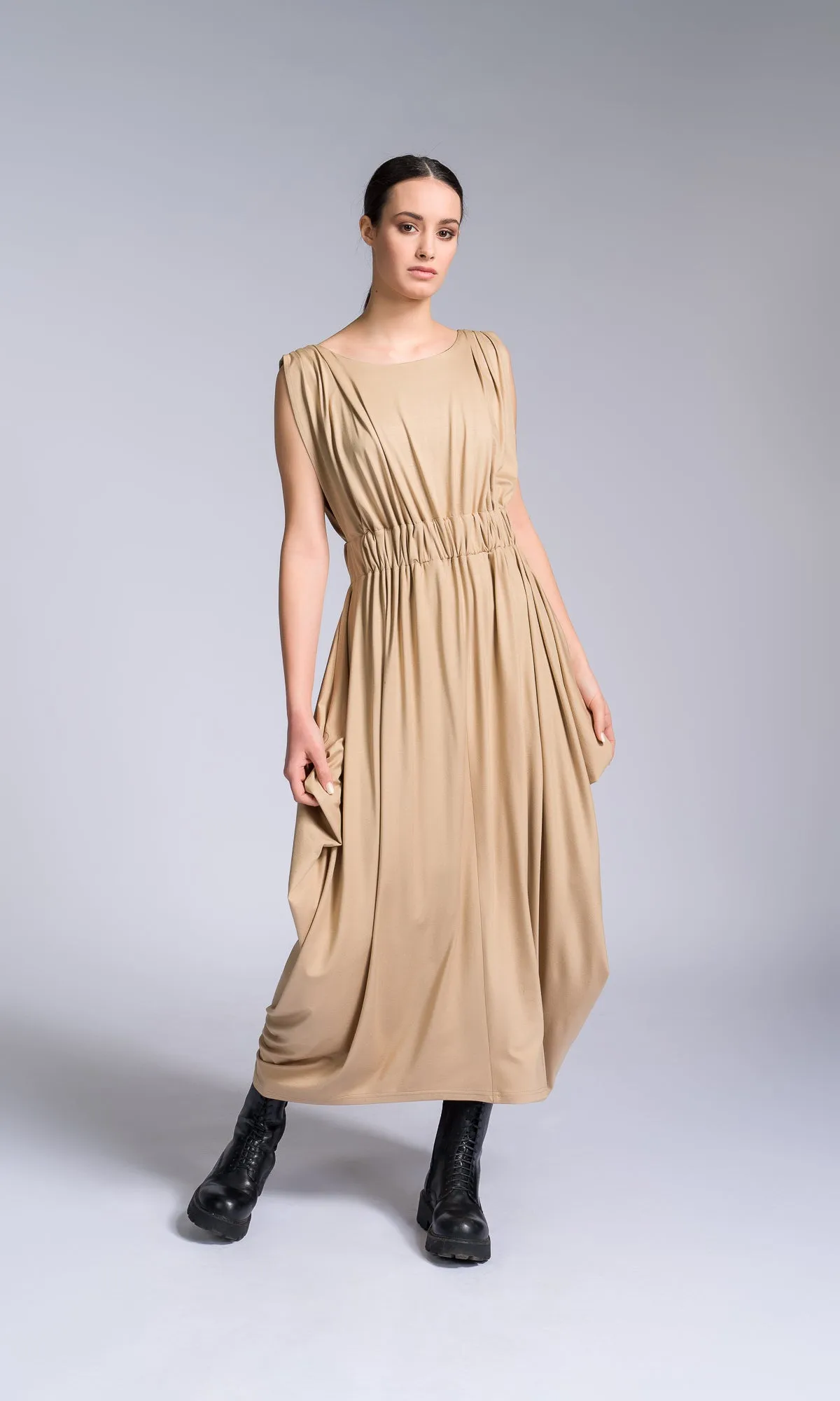 Bicolour Midi Dress with Gathered Waist