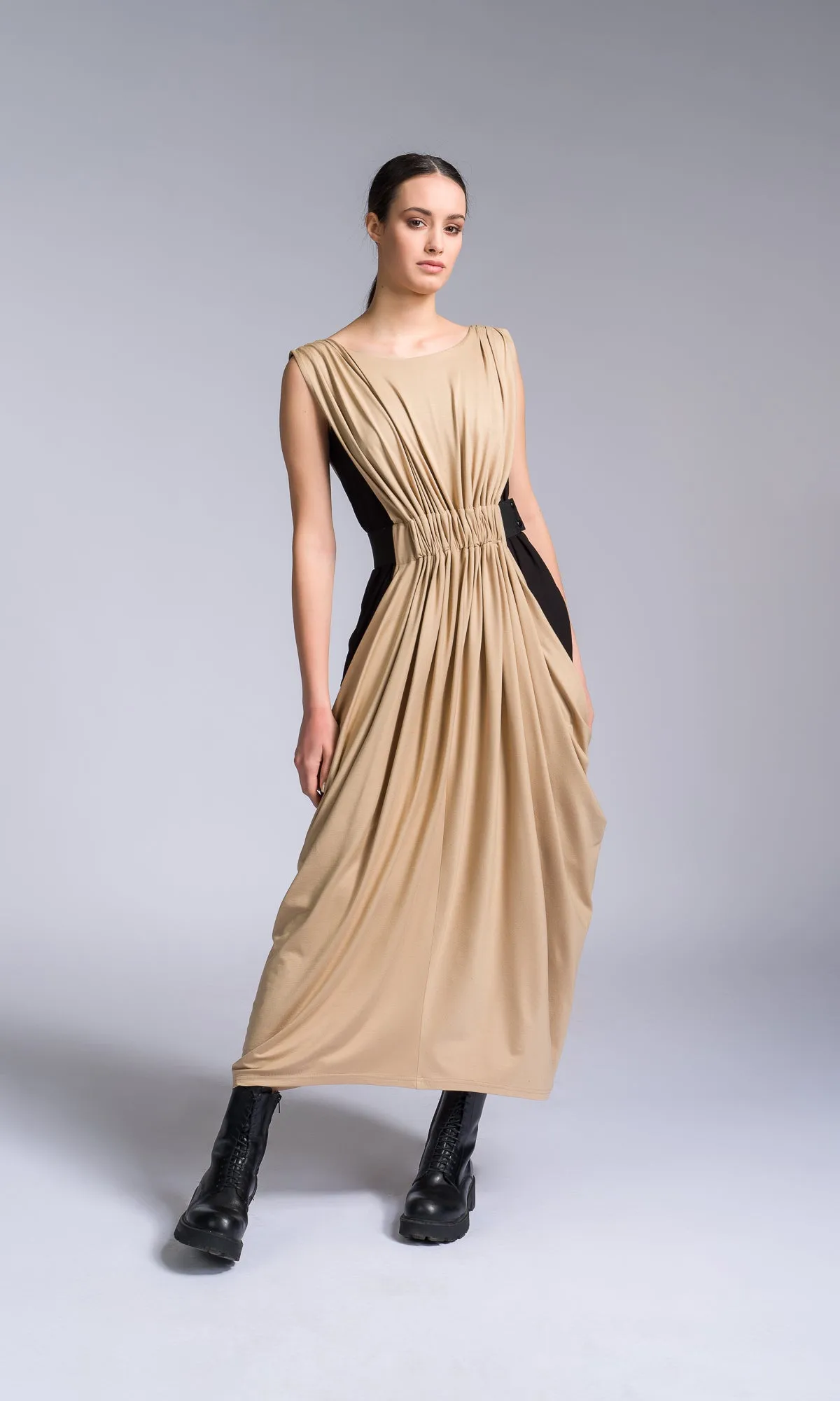 Bicolour Midi Dress with Gathered Waist