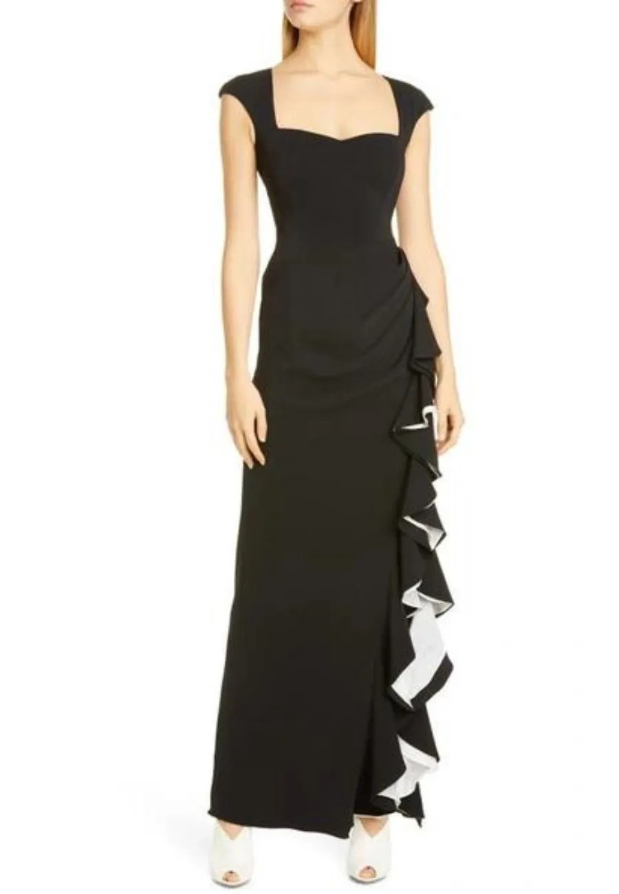 Black and White Cap Sleeve Ruffle Gown