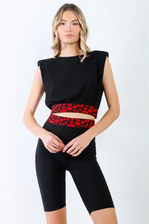 Black Cotton Ribbed "Kisses" Print Details Shoulder Pad Sleeveless Crop Top & Biker Shorts Set /2-2-2