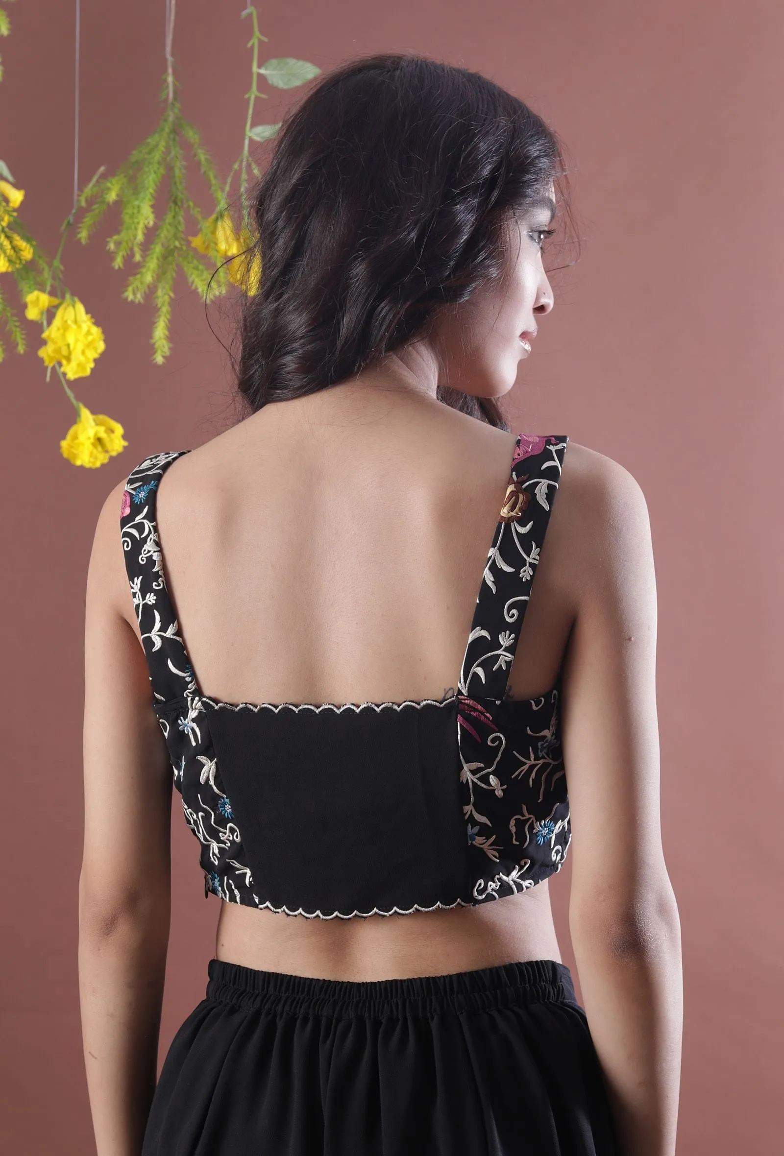 Black Parsi Multicolor Embroidered & Scalloped Georgette Crop Top