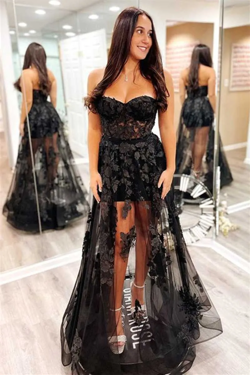 Black Strapless A-Line Long Party Dress with Appliques