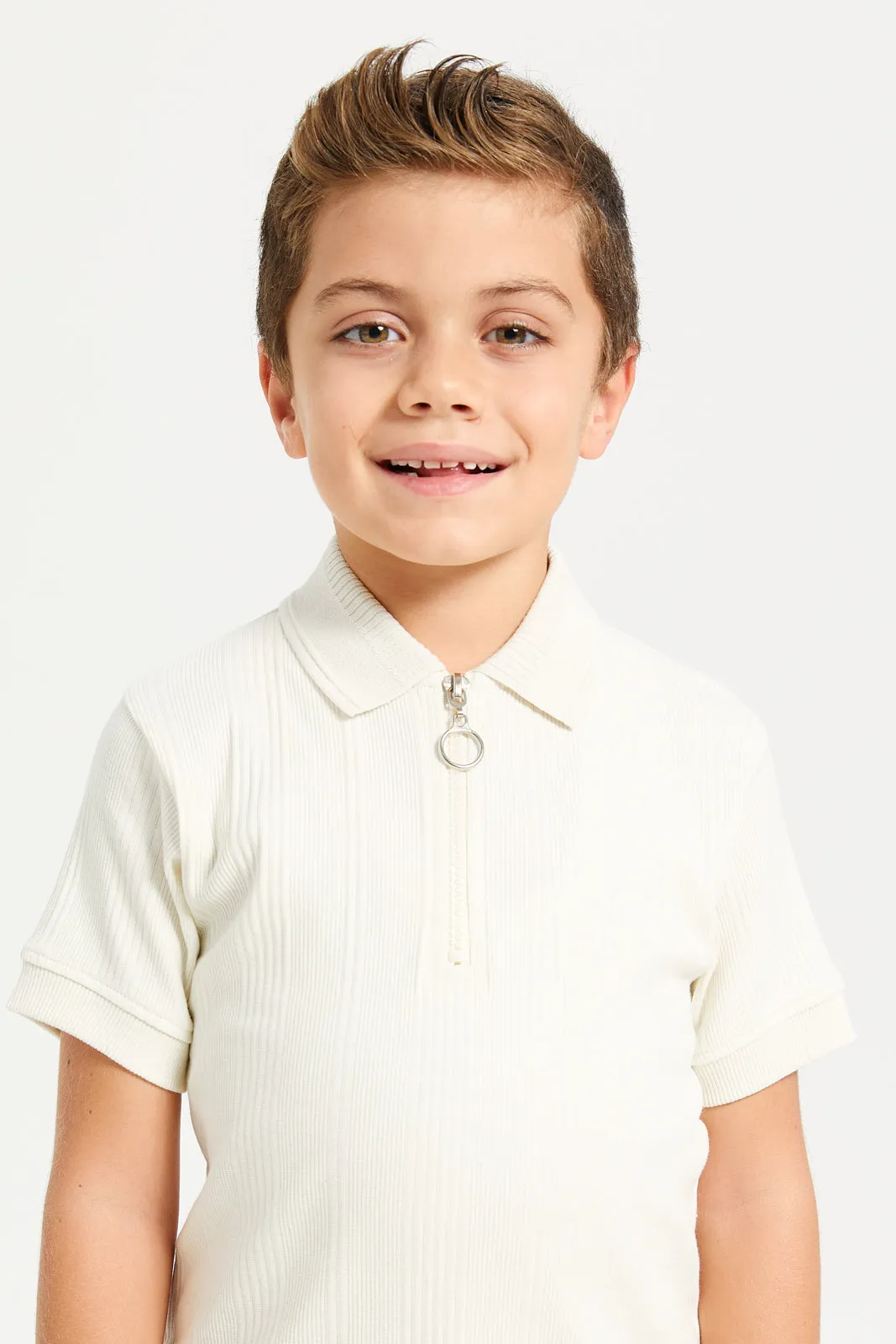 Boys Beige Zip Placket Polo T-Shirt