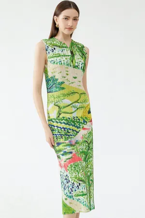 Classy V Neck Landscape Print Sleeveless Pleated Midi Dress - Green