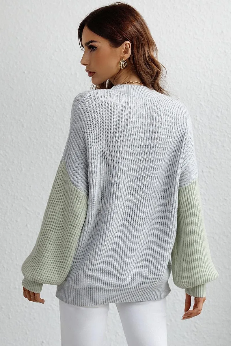 COLOR BLOCK SLEEVE KNIT WARM SWEATER