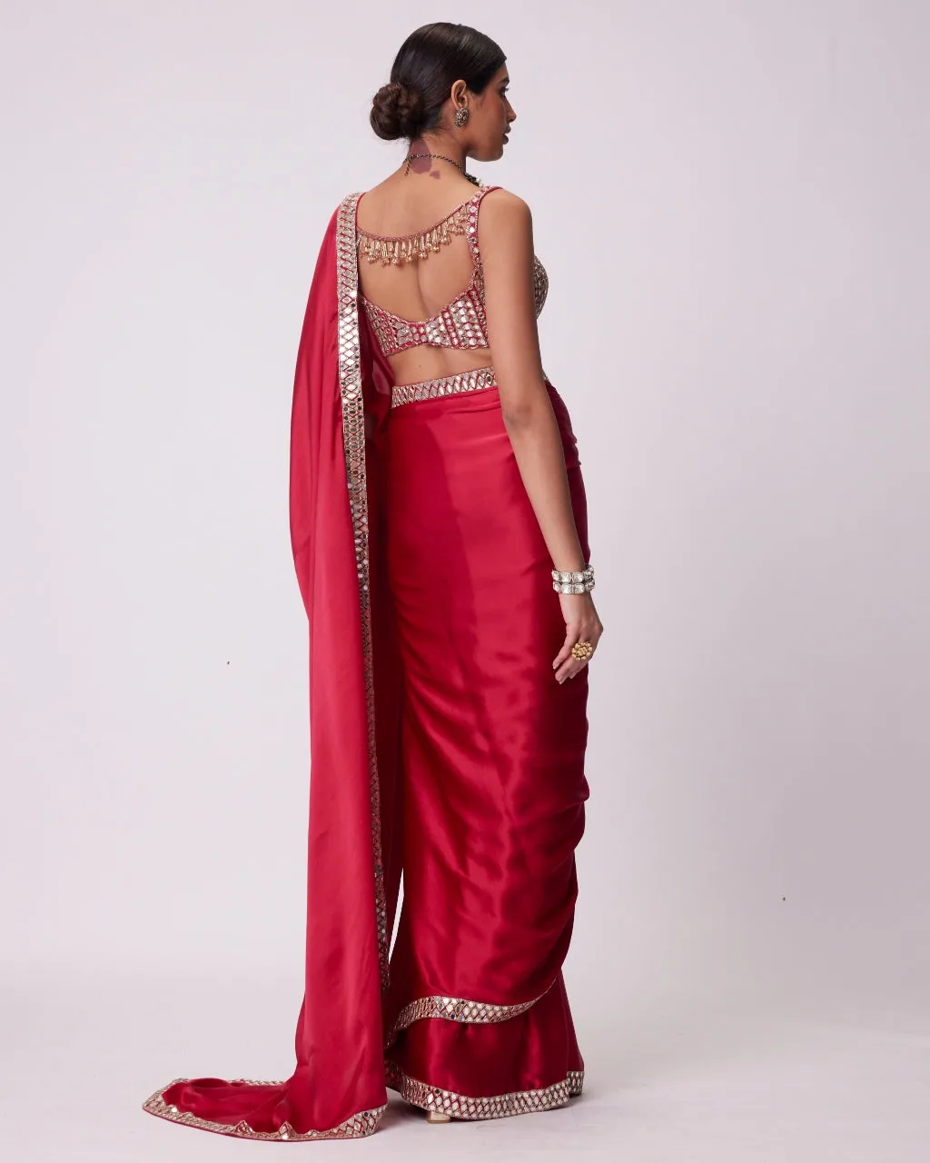 Crimson Red Satin Sari Set