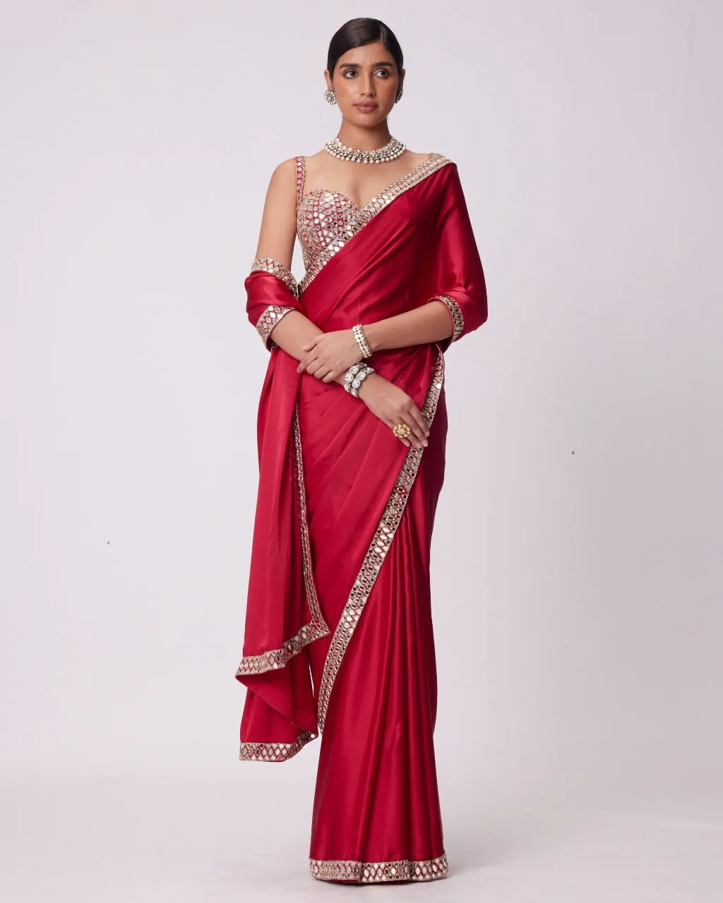 Crimson Red Satin Sari Set