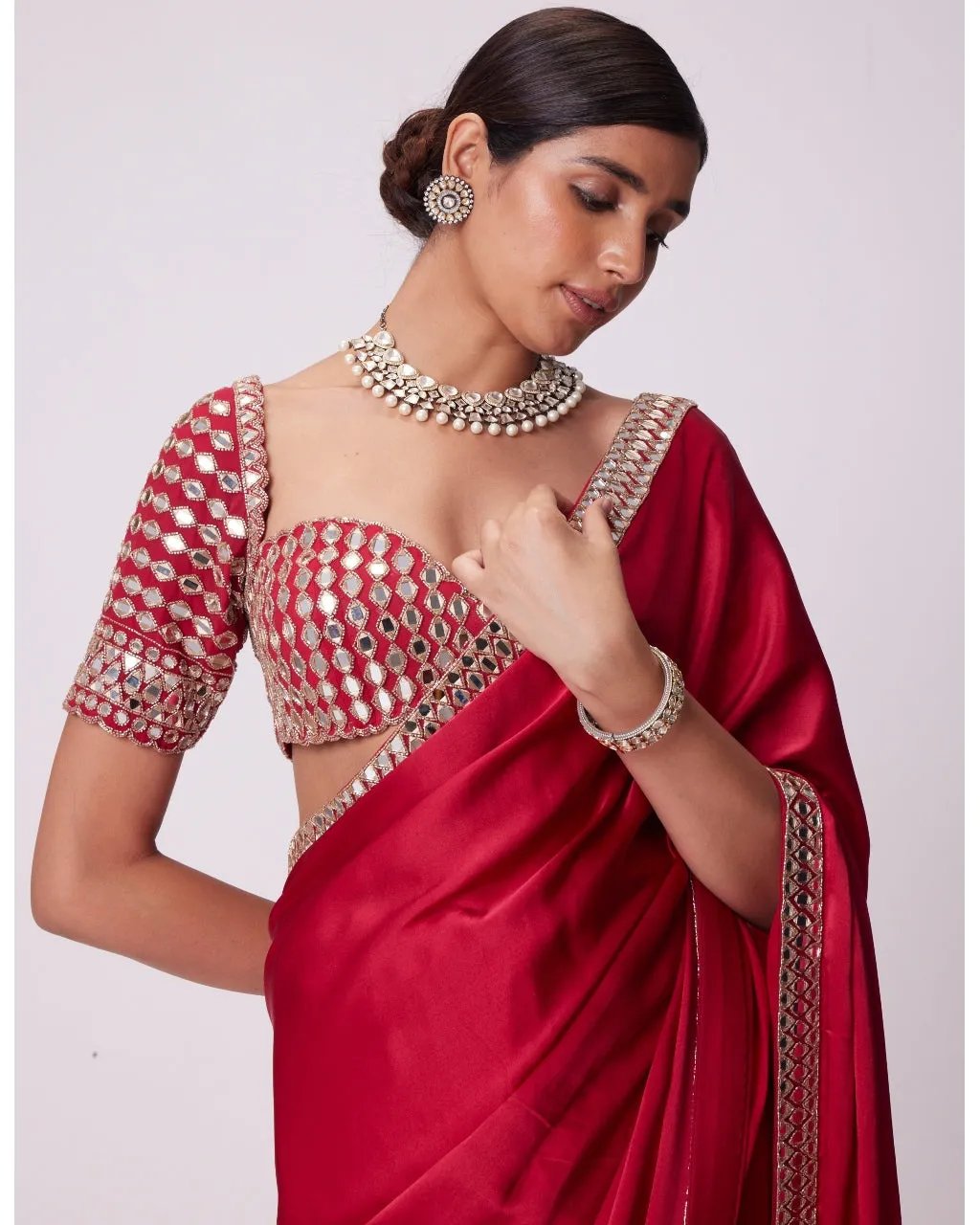 Crimson Red Satin Sari Set