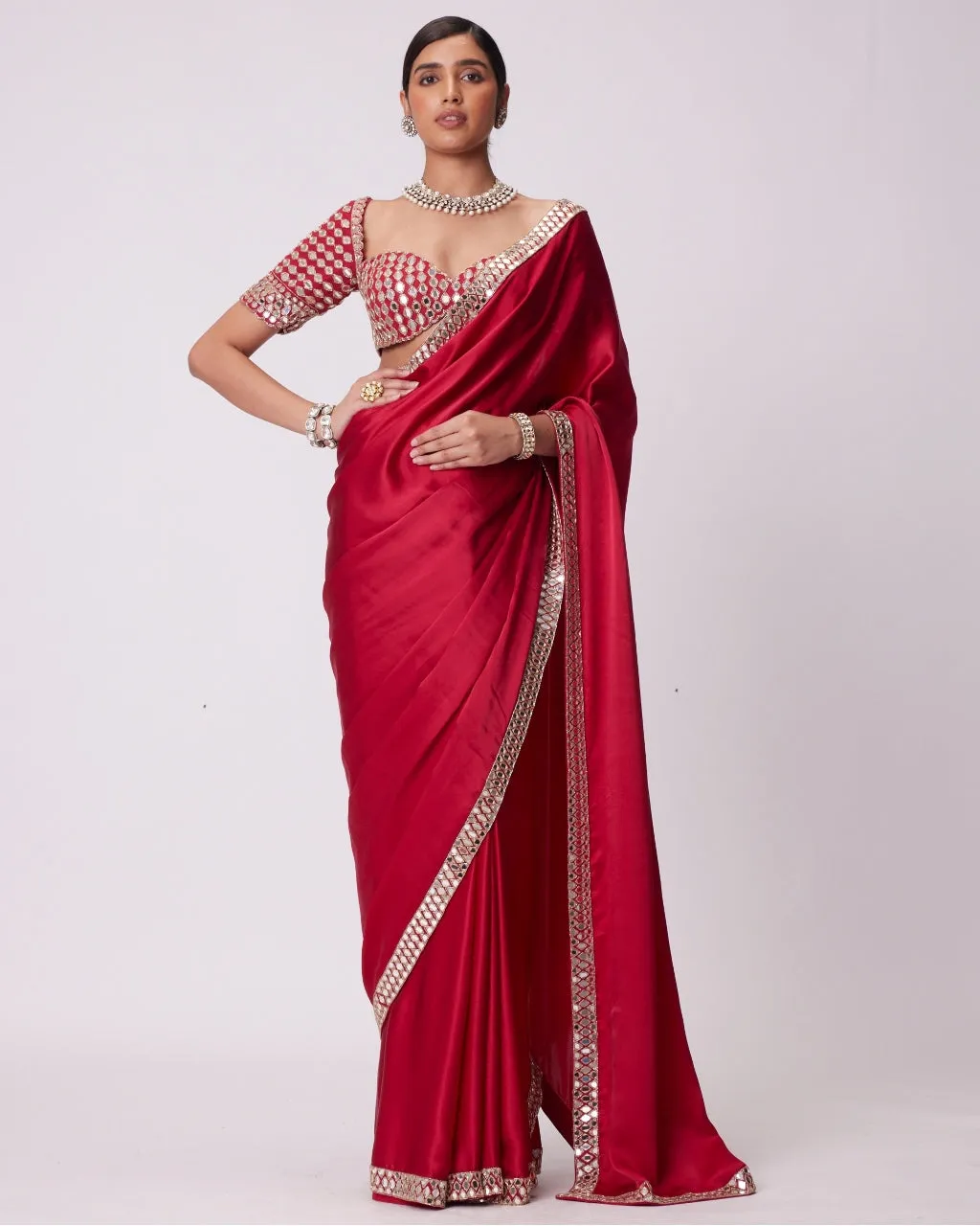 Crimson Red Satin Sari Set