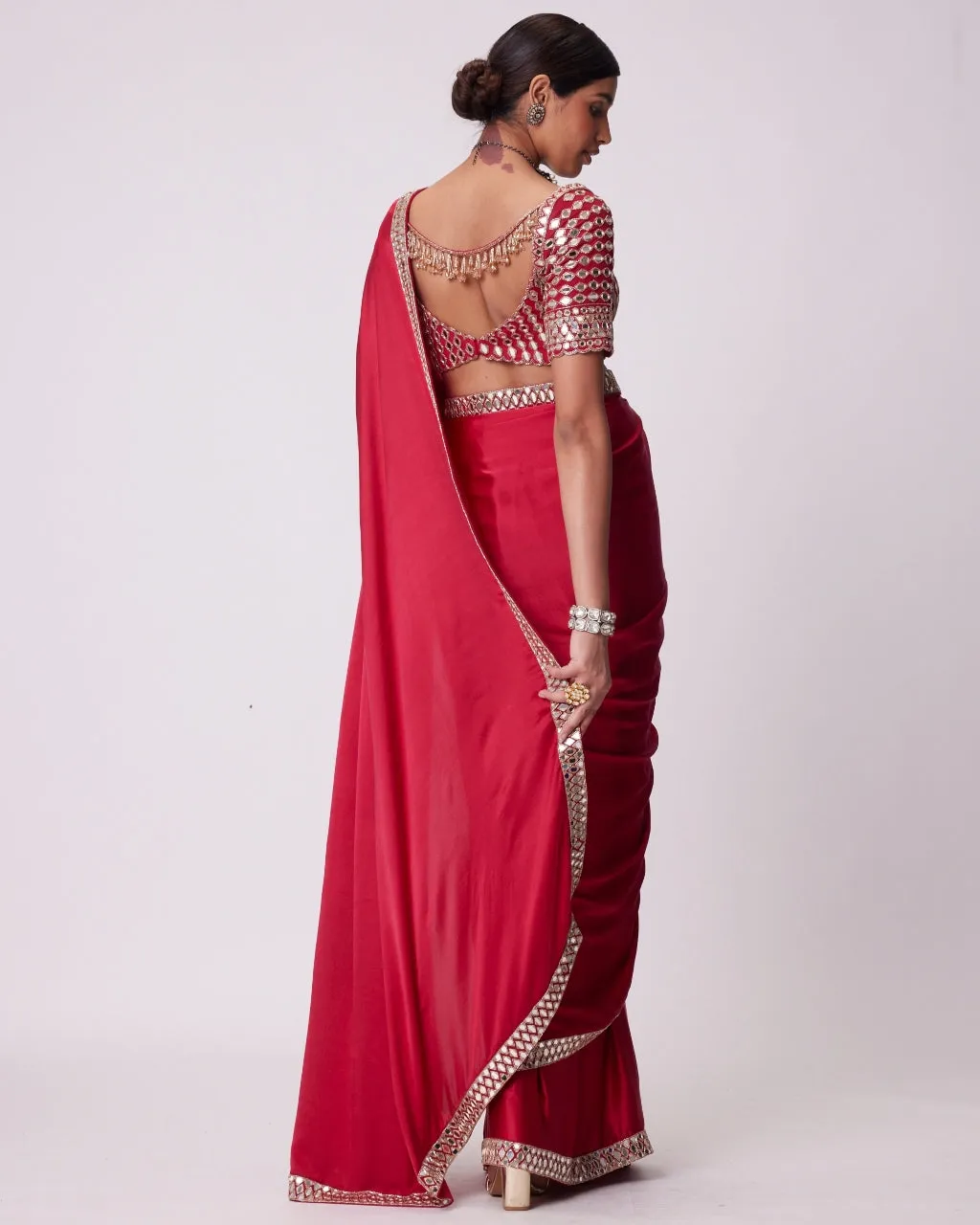 Crimson Red Satin Sari Set