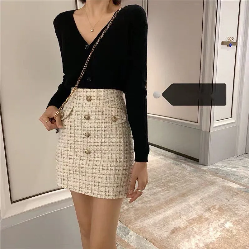 deanwangkt Plaid Tweed Skirts Office Lady High Waist Mini Skirt Woolen Clubwear Vintage Buttons Black White Zipper Shorts Skirt