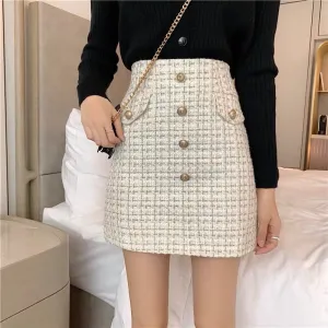 deanwangkt Plaid Tweed Skirts Office Lady High Waist Mini Skirt Woolen Clubwear Vintage Buttons Black White Zipper Shorts Skirt