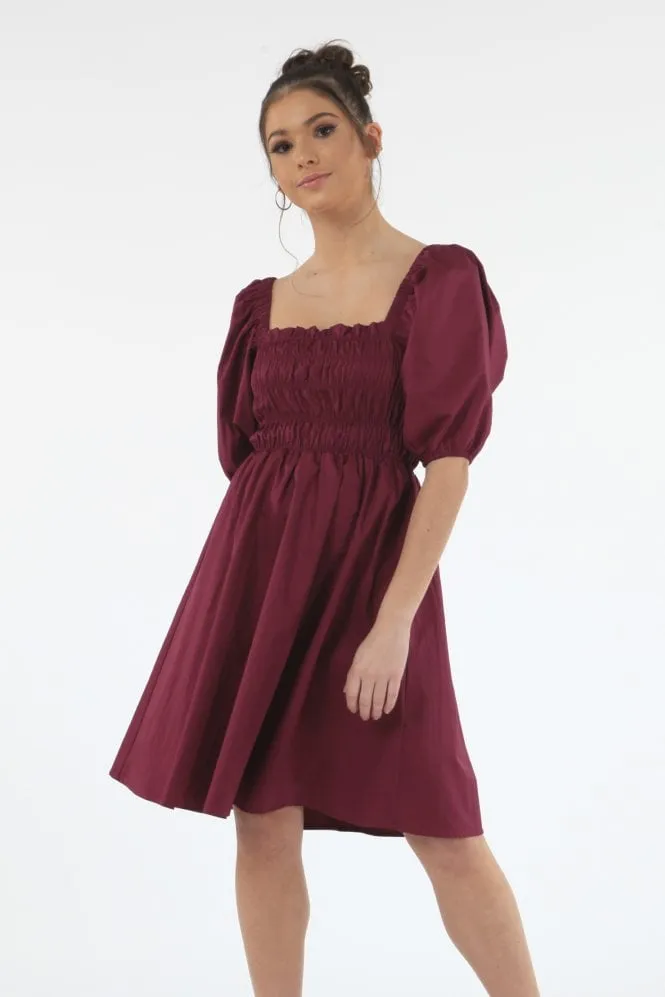 Double Second Wine Ruched Puff Sleeve Dress