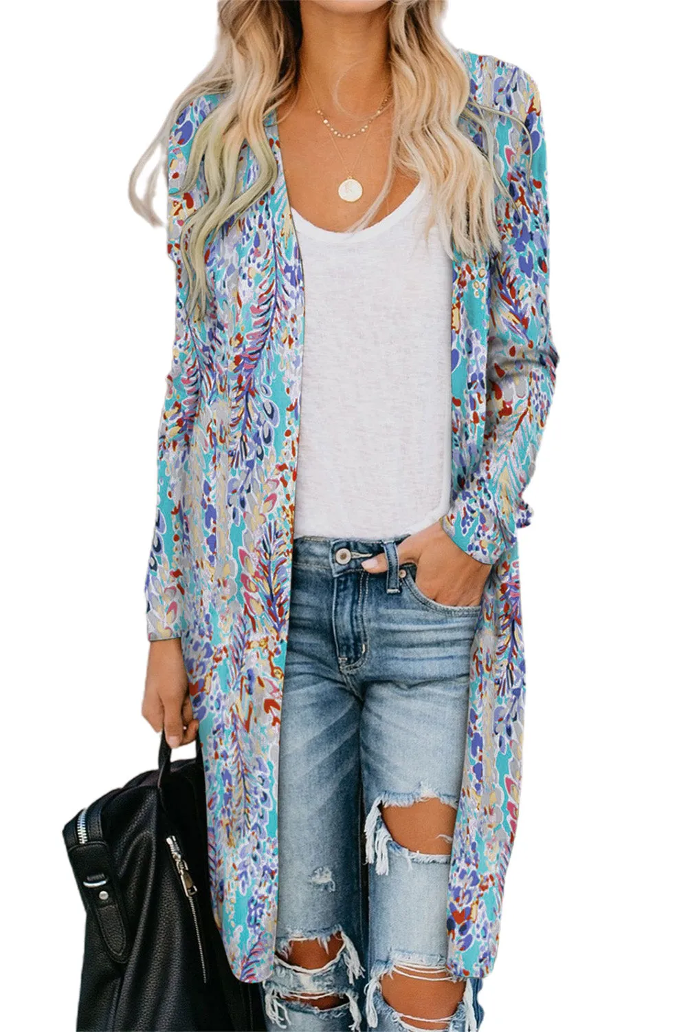 Double Take Printed Open Front Longline Cardigan