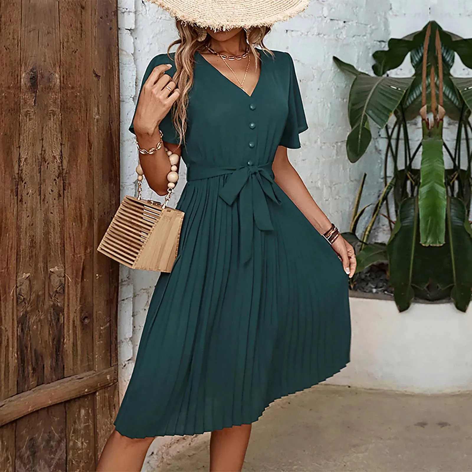 DressBetty - 2024 Summer Elegant Pleated Short Sleeve V-Neck Lace-Up High Waist Midi Dress