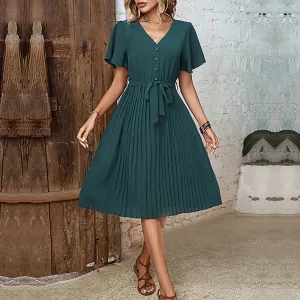 DressBetty - 2024 Summer Elegant Pleated Short Sleeve V-Neck Lace-Up High Waist Midi Dress