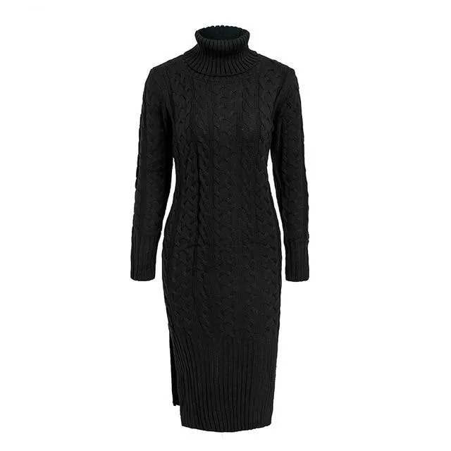 Elegant Side Split Warm Long Sleeve Turtleneck Dress