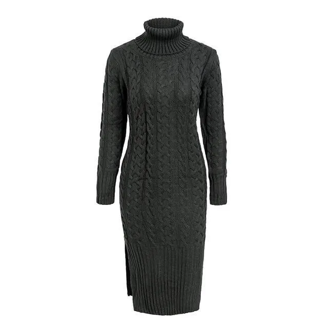 Elegant Side Split Warm Long Sleeve Turtleneck Dress