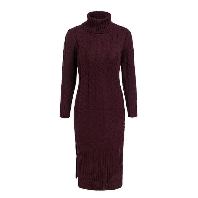 Elegant Side Split Warm Long Sleeve Turtleneck Dress