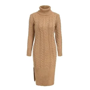 Elegant Side Split Warm Long Sleeve Turtleneck Dress