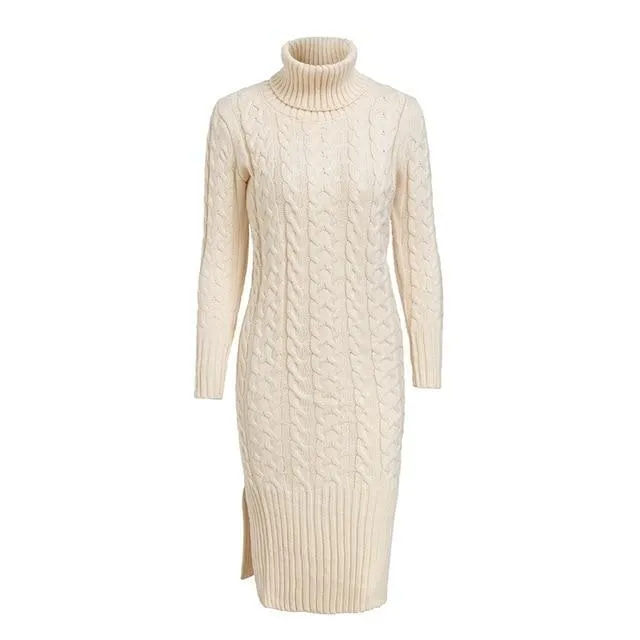 Elegant Side Split Warm Long Sleeve Turtleneck Dress