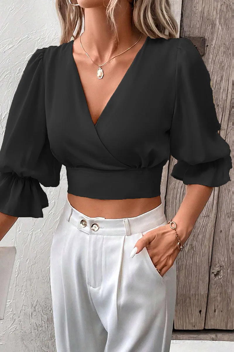 Elegant Simplicity Solid Bandage V Neck Tops