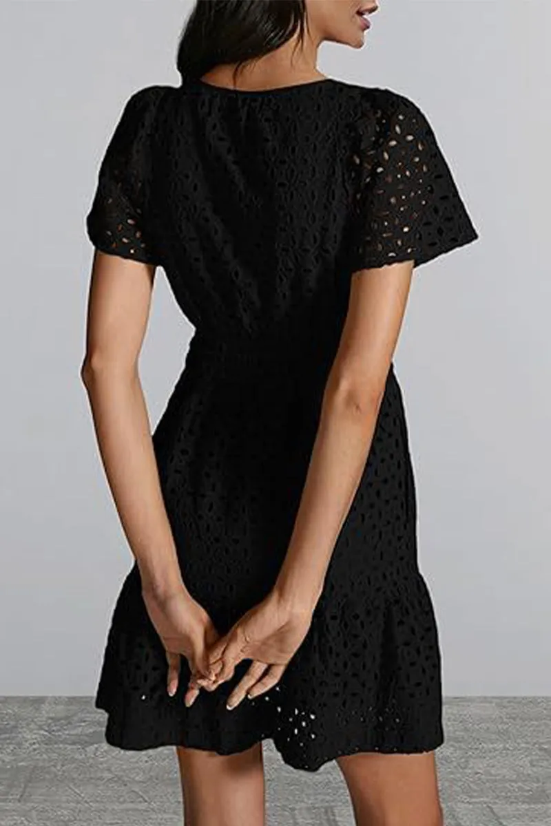 Elegant Solid Lace Hollowed Out V Neck A Line Dresses