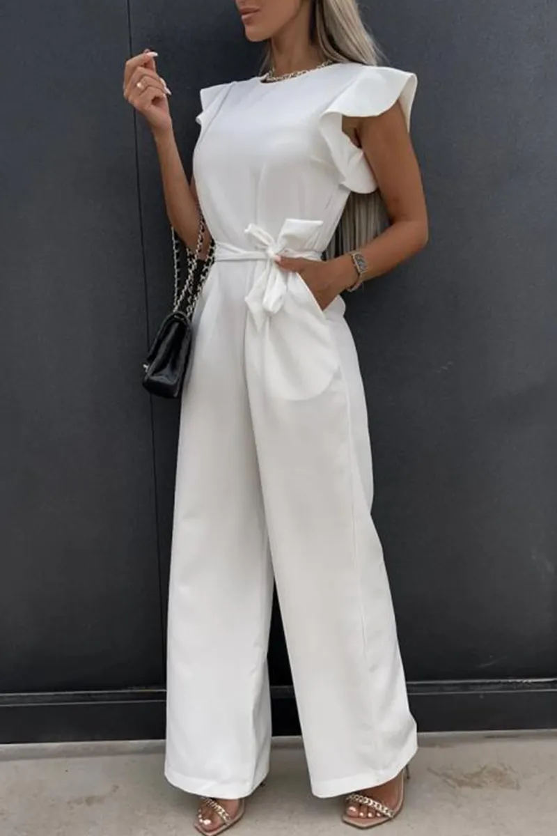 Elegant Solid Pocket Frenulum O Neck Regular Jumpsuits