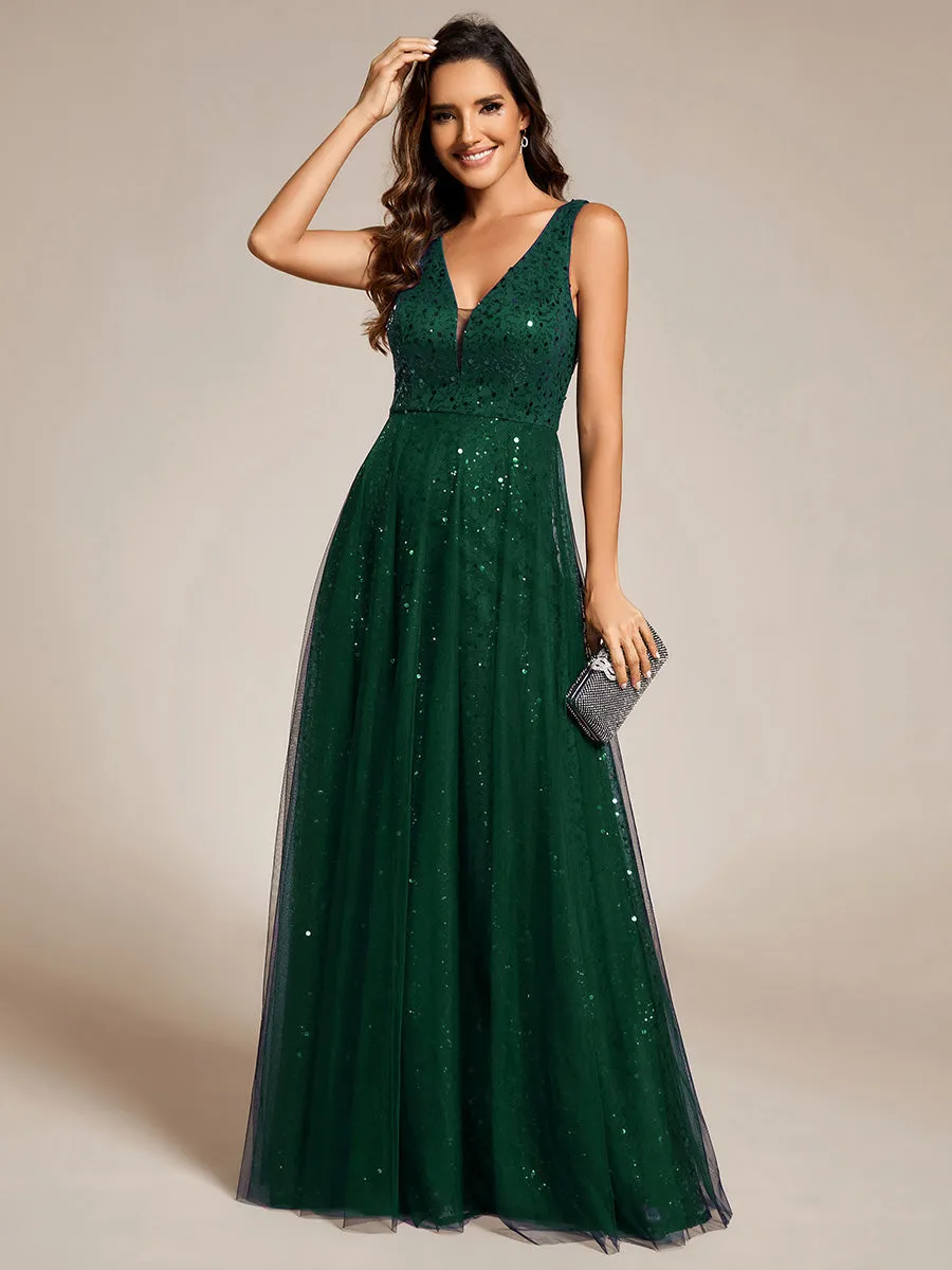 Elegant V-Neck Backless Sequin Evening Dress with Sleeveless