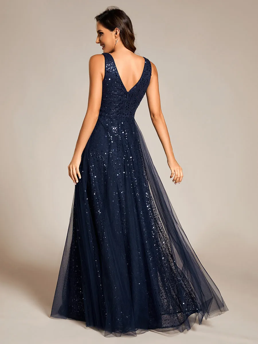 Elegant V-Neck Backless Sequin Evening Dress with Sleeveless