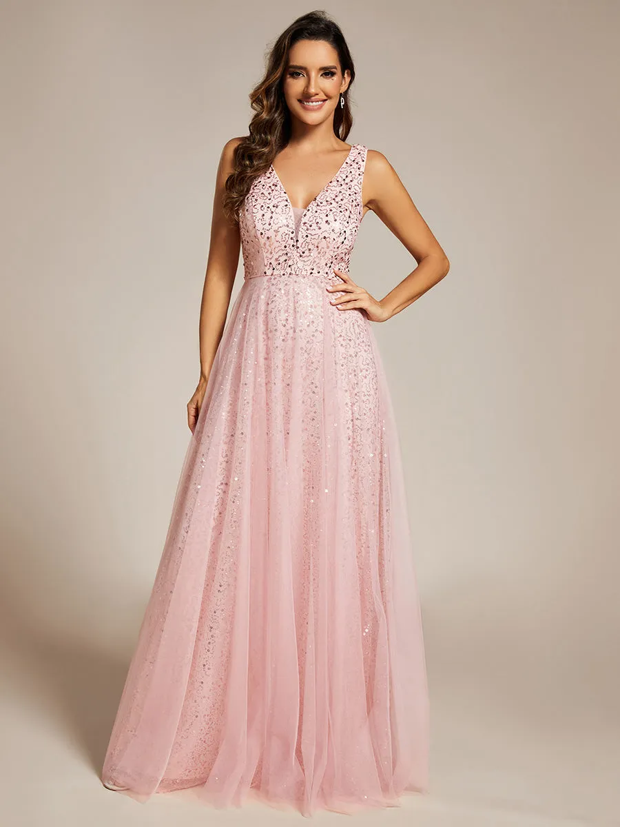 Elegant V-Neck Backless Sequin Evening Dress with Sleeveless