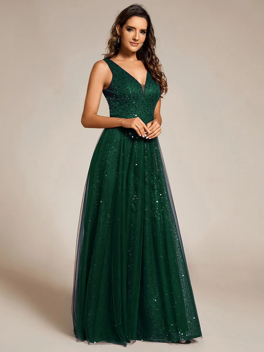 Elegant V-Neck Backless Sequin Evening Dress with Sleeveless