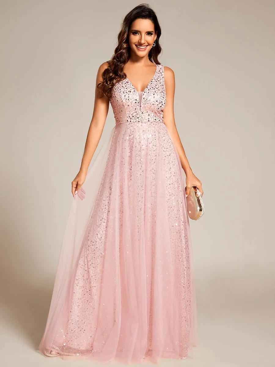 Elegant V-Neck Backless Sequin Evening Dress with Sleeveless