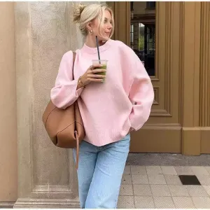 European And American Style Pink Crew Neck Pullover Sweater