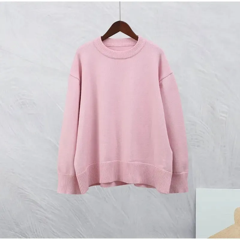 European And American Style Pink Crew Neck Pullover Sweater