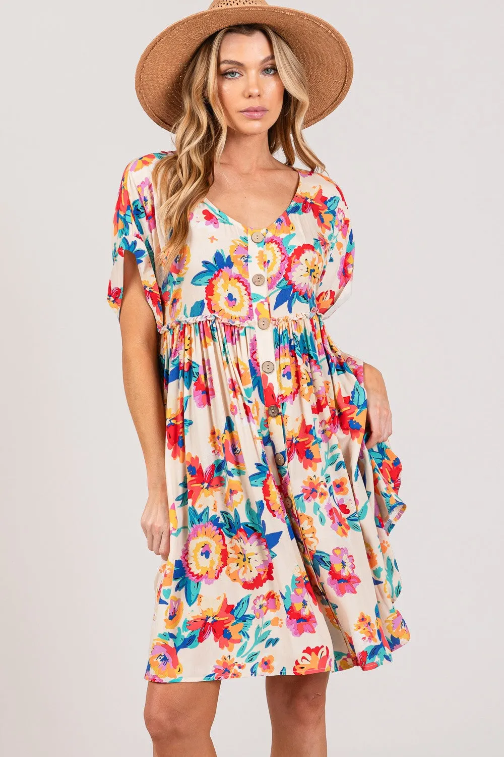 Full Size Floral Button-Down Short Sleeve Dress