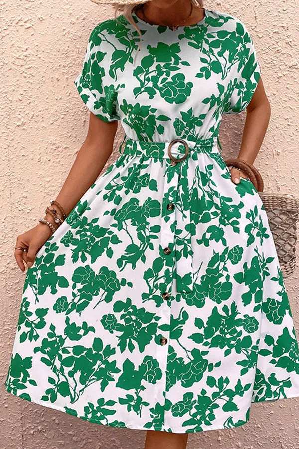 Green Leaf High Waist Belt Dress